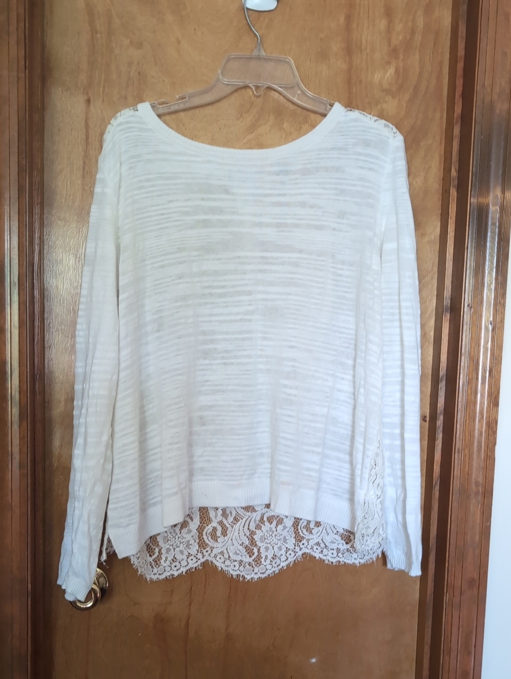 CAbi White Lace High Low Hem Sweater